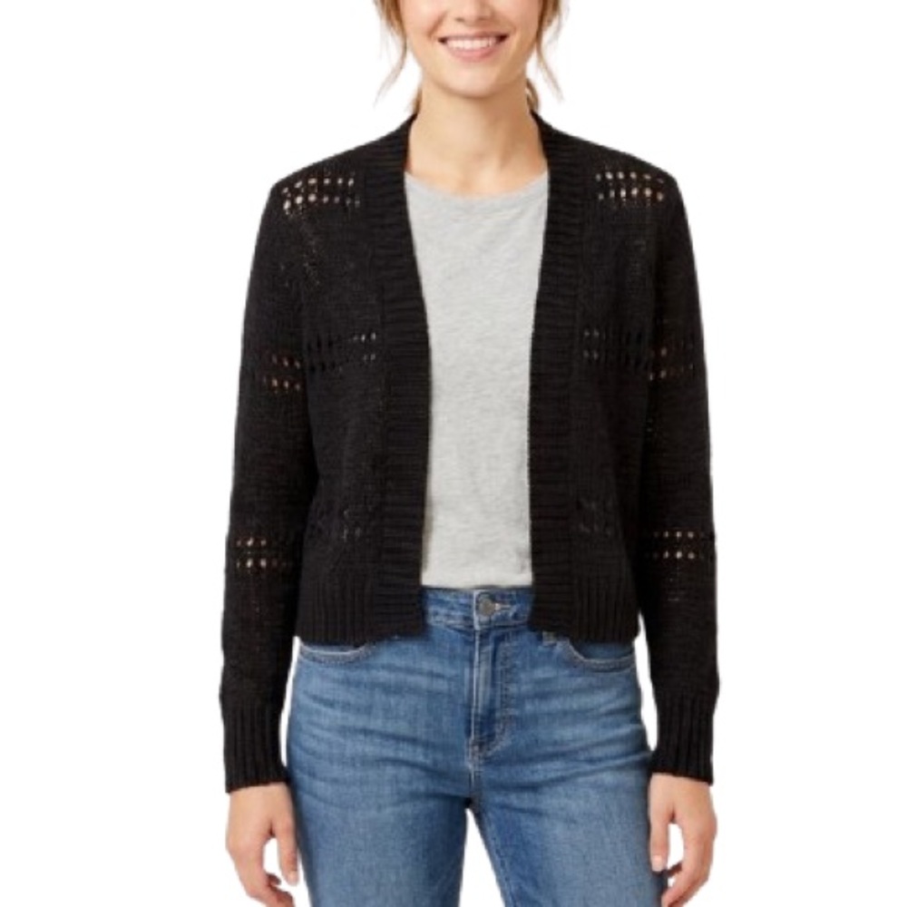 LOFT Womens Open Knit Cardigan Sweater Black Open Front Size XS Lightweight